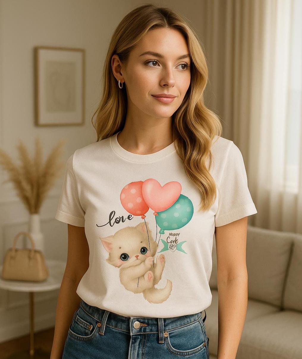 Cute Cat Balloon T Shirt Kawaii Cat Lover Gift Unisex Cotton Tee For Women And Men Pet Lovers Graphic Top Funny Kitty Birthday Party Outfit