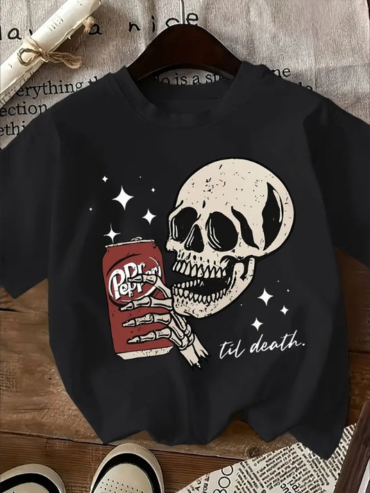 Skull Print Tee - Women's Short Sleeve Crew Neck Casual T-Shirts For Summer & Spring