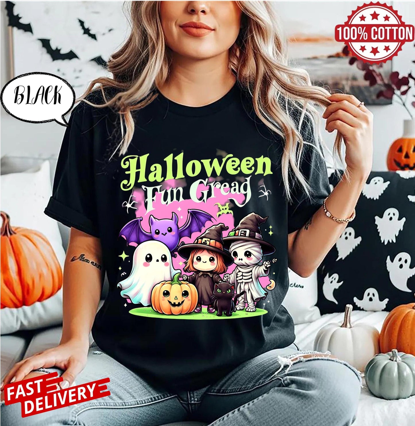 Comfort Colors Halloween Shirt,Halloween Fun Gread Shirt, Cute Ghost Bat Witch Mummy Cat Pumpkin Tee, Spooky Season Graphic Top