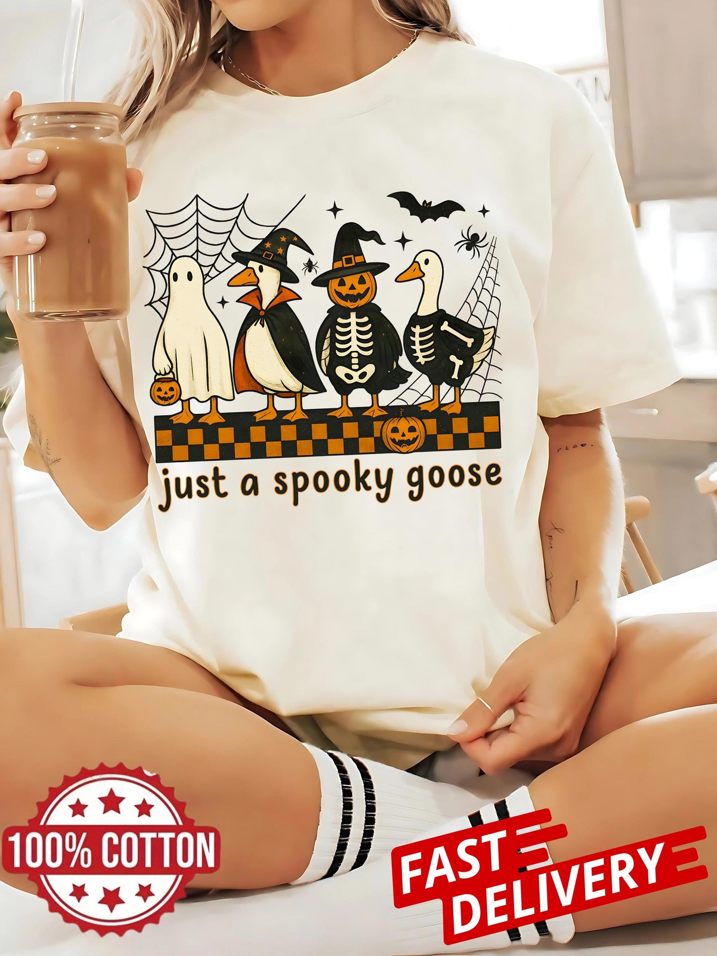 Just a Spooky Goose Shirt Cute Horror Shirt Funny Goose Skeleton Witch Pumpkin Ghost Spooky Goose Halloween Shirt Fall Sublimation Tee