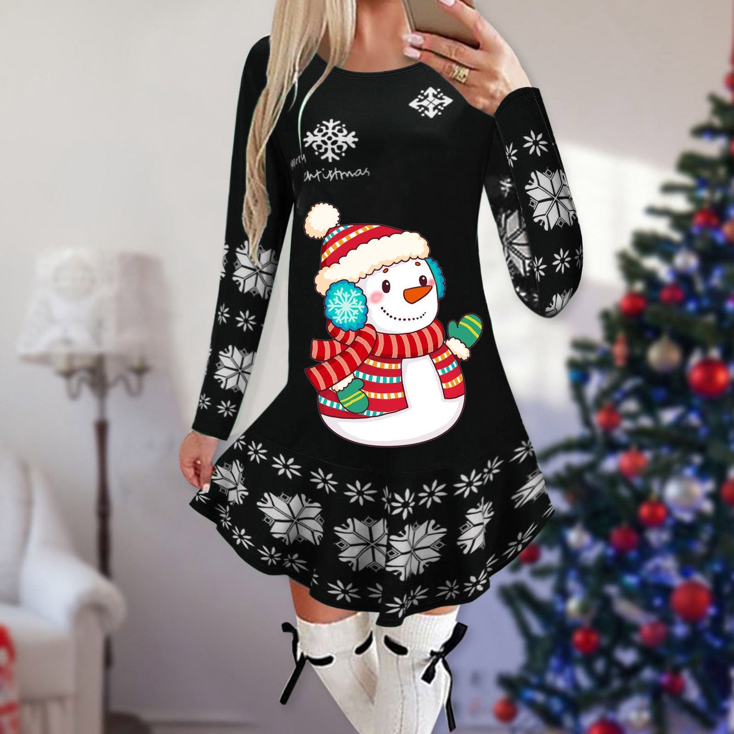 Christmas Snowflake Elk Printing Slimming Dress