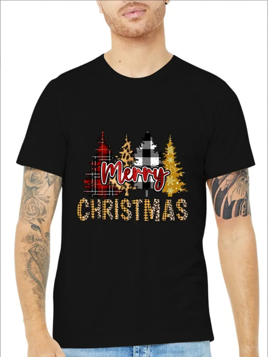 Festive 'Merry Christmas' T-Shirt With Striped Christmas Trees, Men's Fashion Trend  Round Neck Tee, Comfy Outdoor Tee With Relaxed Fit