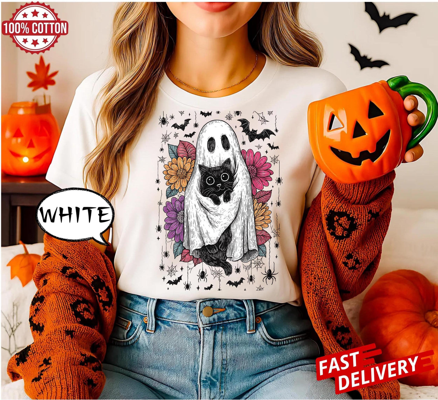 Retro Halloween Ghost And Cat shirt, Spooky Ghost , Preppy Floral Halloween tee, Boo Halloween , Funny Halloween t-shirt, Black Cat png