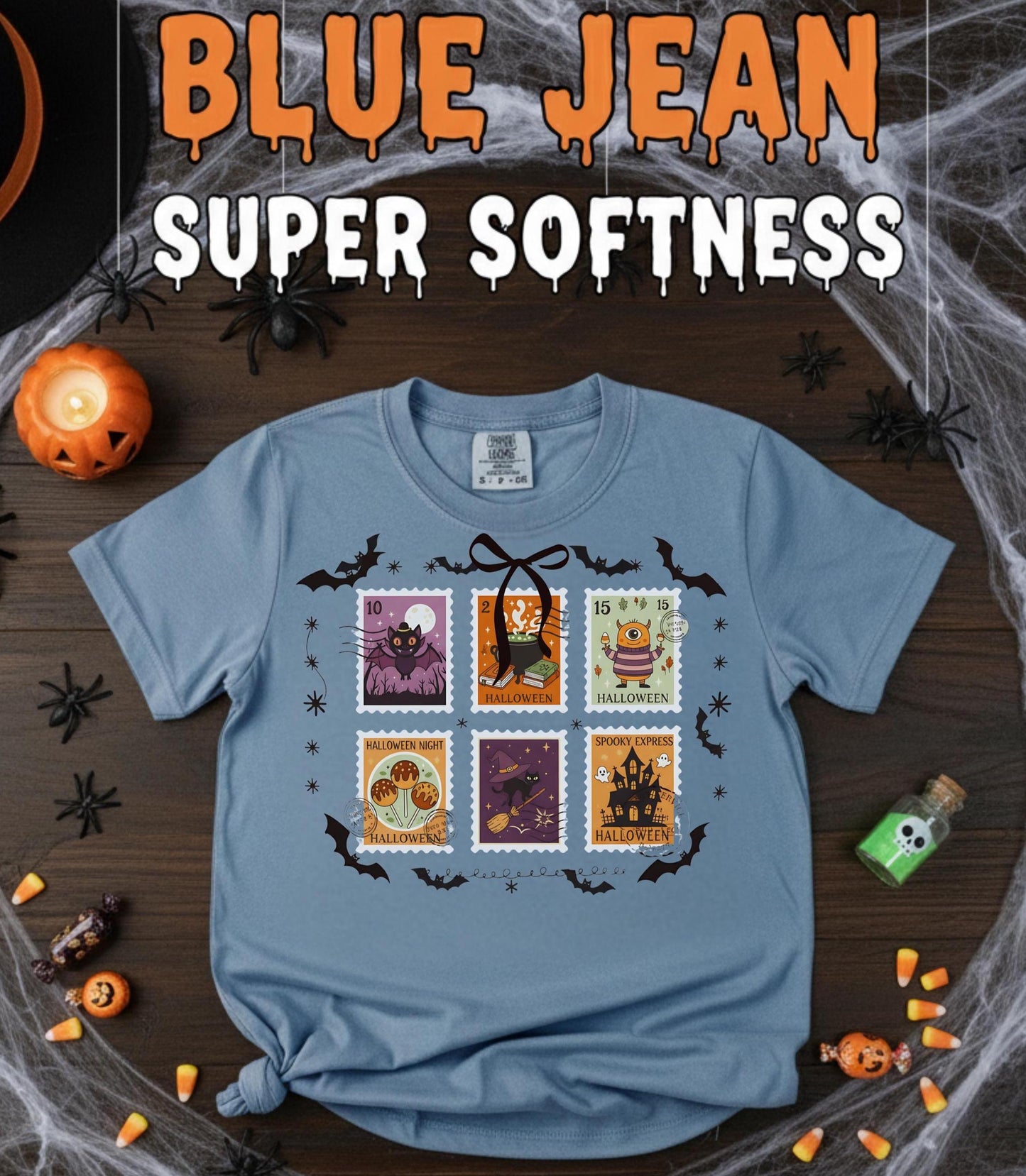 Halloween Stamps T Shirt Comfort Colors Pumpkin Orange Graphic Tee Bat Zombie Witch Haunted House Ghost Cat Potion Skeleton Unisex Gift