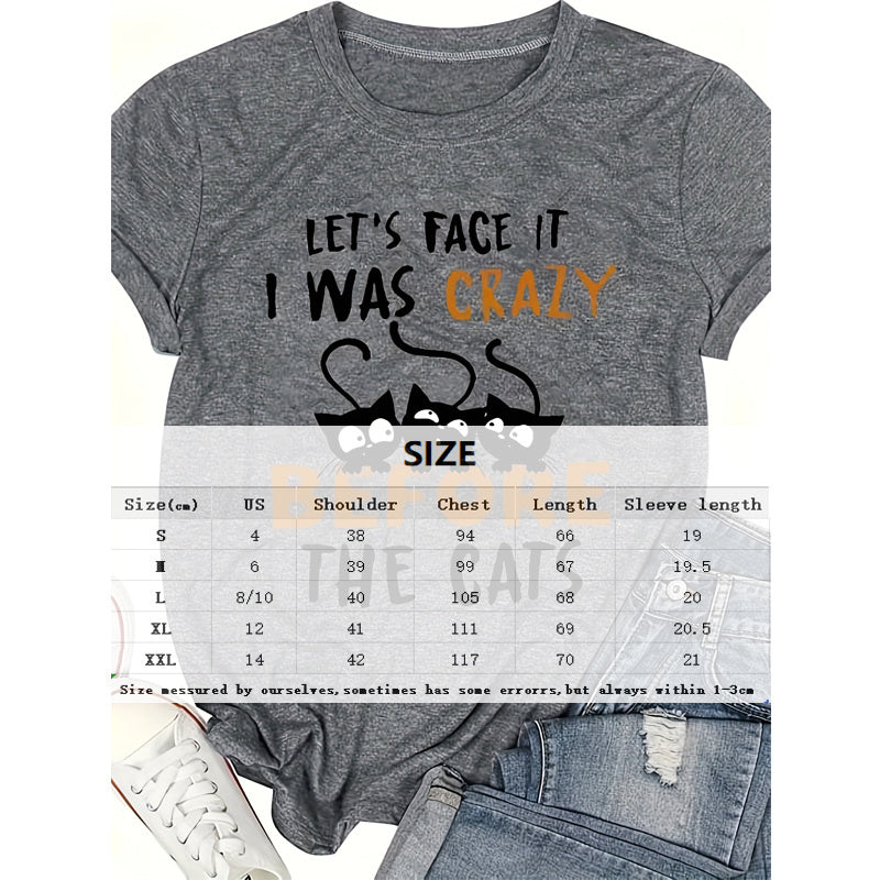 Women's Cat & Short Sentence Print Round Neck Tee - Playful Summer T-Shirt