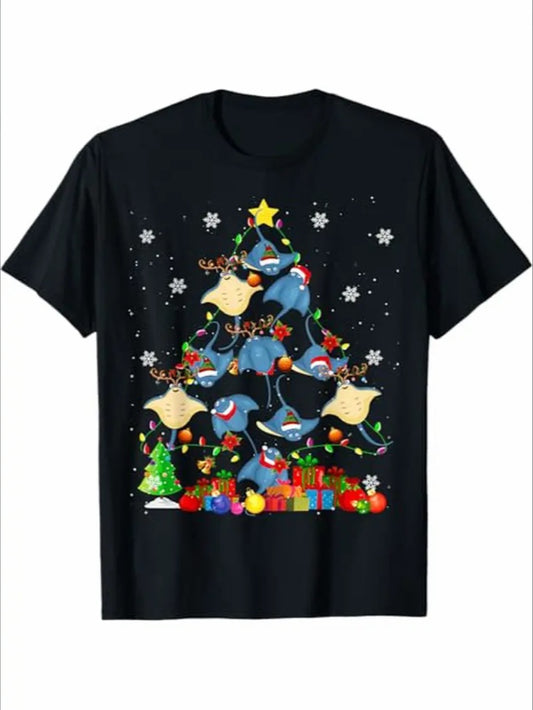 Vintage Christmas Tree Print T-Shirt, Funny Santa & Reindeer Graphic Tee, Crew Neck Casual Shirt, All-Season Short Sleeve Top, Digital Heat Transfer, Regular Fit - Black