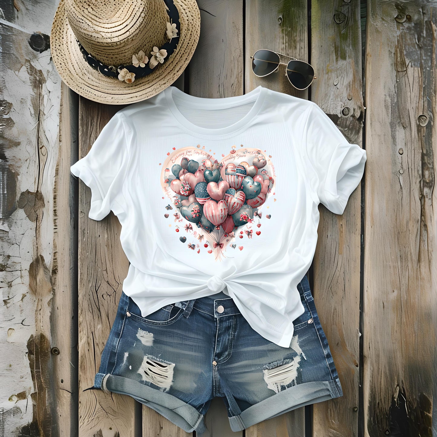 Love Messages and American Flag Hearts Unisex Heavy Cotton Tee, Fruit and Cherry Design, USA Flag Tee, Heart Flag Shirt, Patriotic Tee,