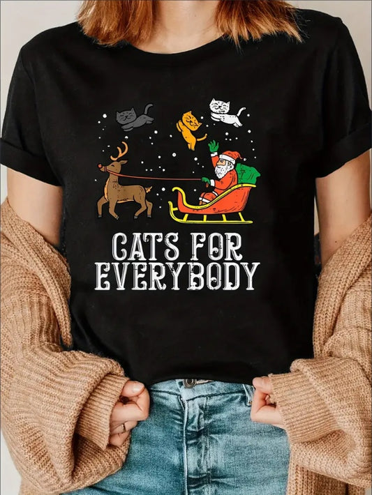 Women's Festive Christmas Tee - Santa & Reindeer Print, Crew Neck, Short Sleeve Casual Top, Stretchy, Machine Washable, Best For Christmas