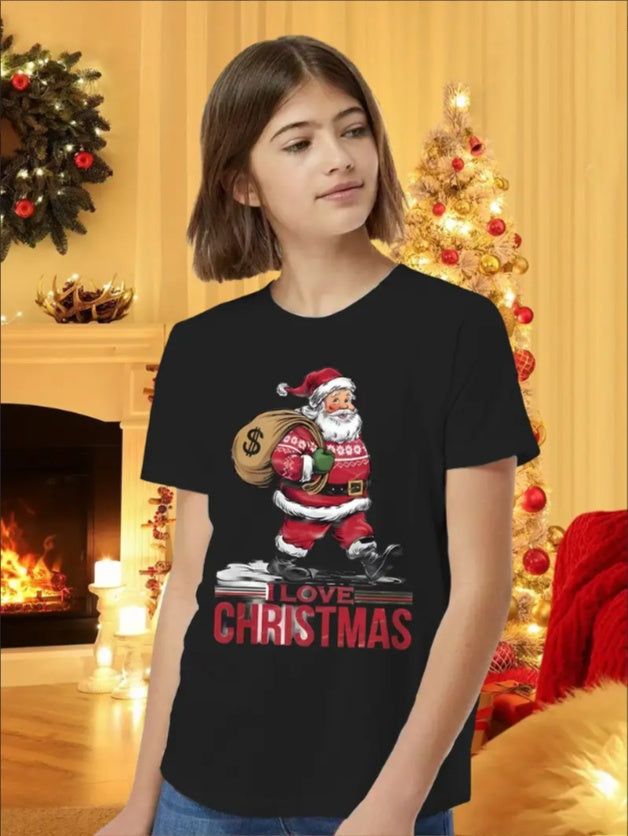 Girls' Festive Santa Claus Graphic Tee - Casual Crew Neck,Machine Washable - Perfect Christmas Gift