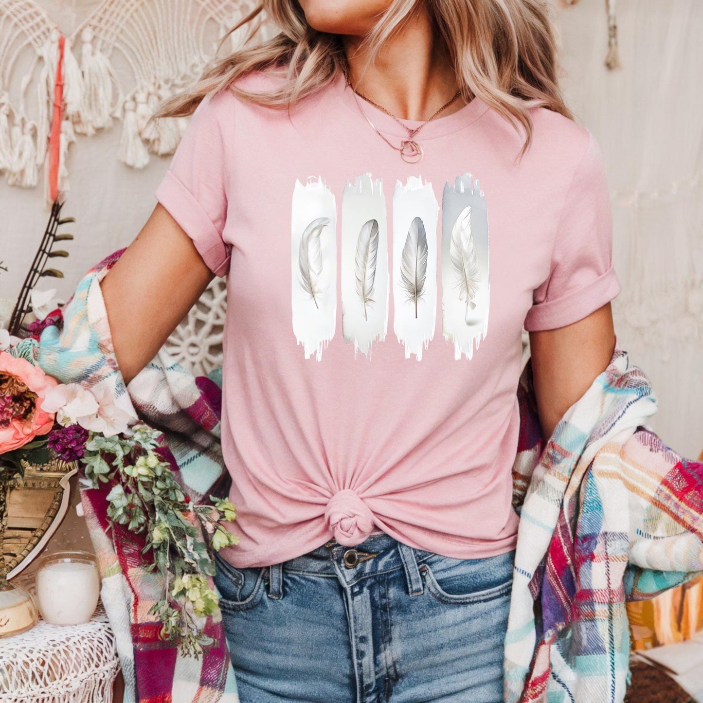 Boho Feather Print Tee, Whisper Feather Tee Unisex Cotton Shirt, Casual Summer Top, Gift for Nature Lovers, Eco-Friendly Clothing Boho Gift