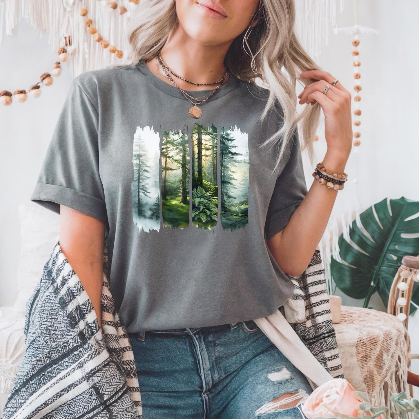Enchanted Misty Forest Tee, Organic Woodland Landscape T-Shirt, Unisex Nature Graphic Shirt, Outdoors Lover Gift, Hiking Apparel