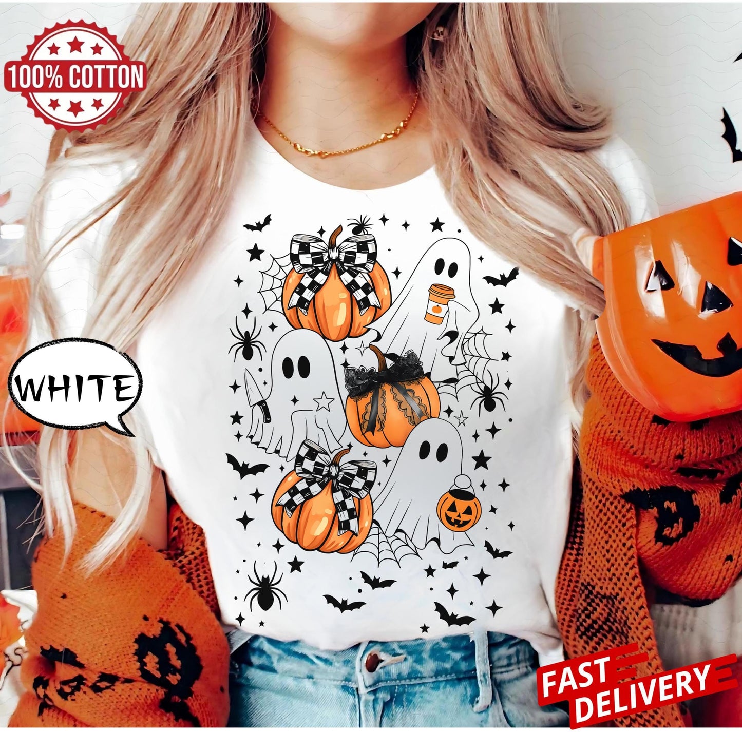 Halloween Pumpkin T-shirt,Ghost Pumpkin tee,Coquette HallowBoween shirt,Halloween,Pumpkin Bow schirt,Halloween shirt,Pumpkin Bow tee