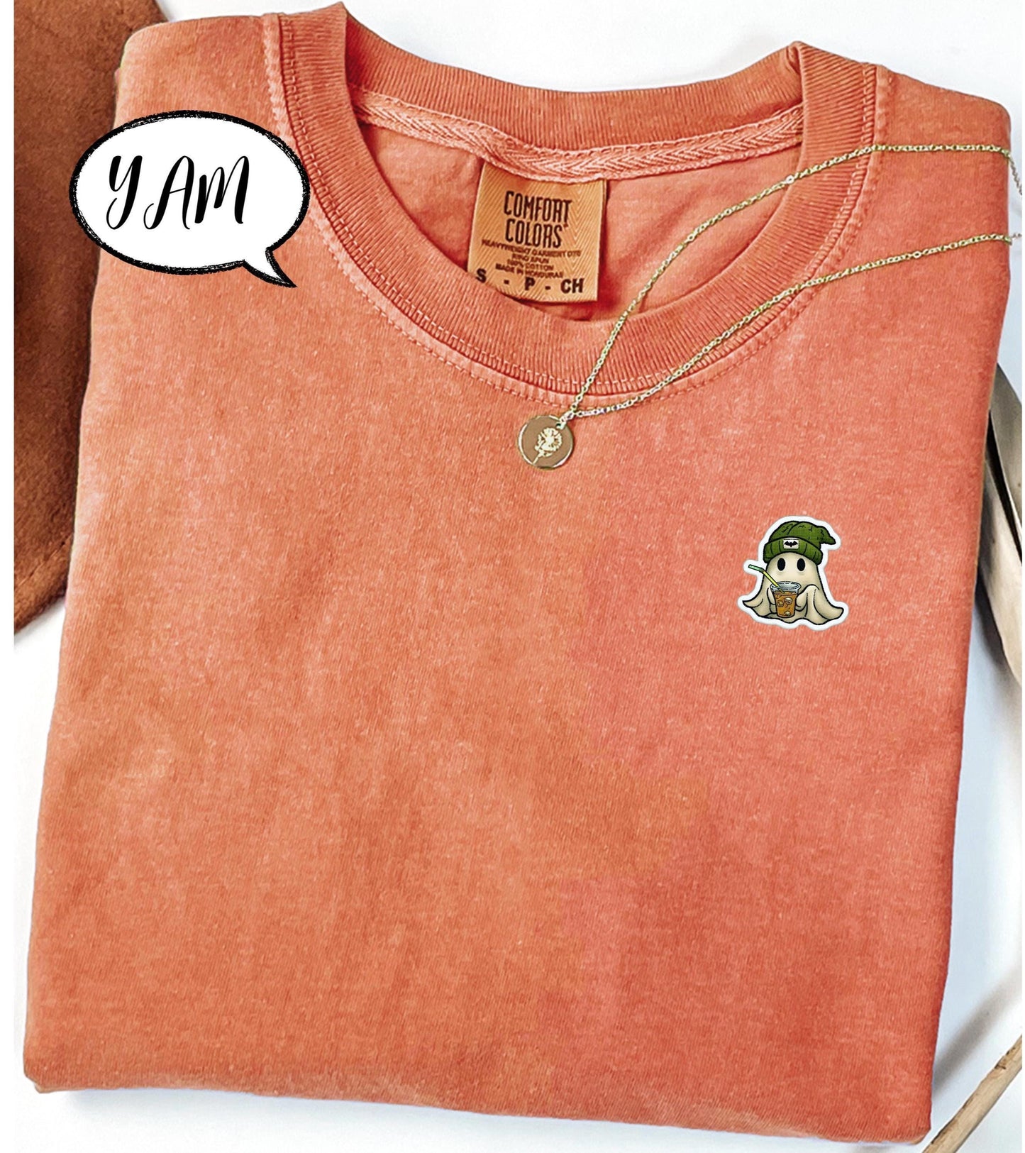 Confort Colors® Embroidered Ghost Shirt, Minimal Halloween T Shirt, Cute Coffee Ghost Pocket Top, Spooky Season Tee, Fall Graphic Shirt