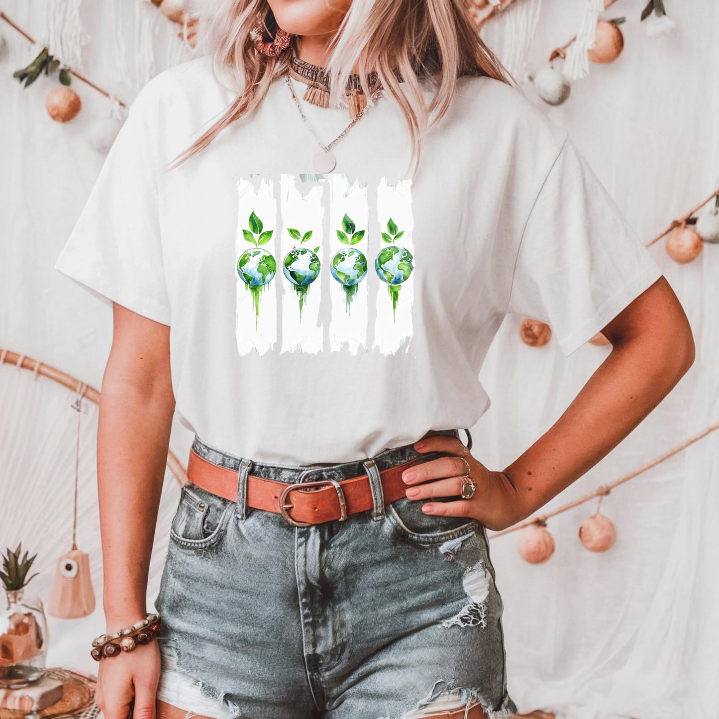 Eco-Friendly Earth & Green Leaves Graphic Tee: Sustainable Planet T-Shirt for Nature Lovers, Earth Day Gift, Eco-Conscious Apparel