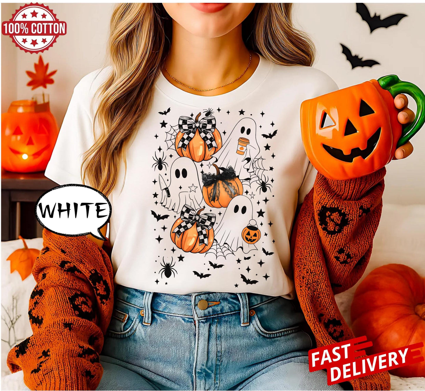 Halloween Pumpkin T-shirt,Ghost Pumpkin tee,Coquette HallowBoween shirt,Halloween,Pumpkin Bow schirt,Halloween shirt,Pumpkin Bow tee