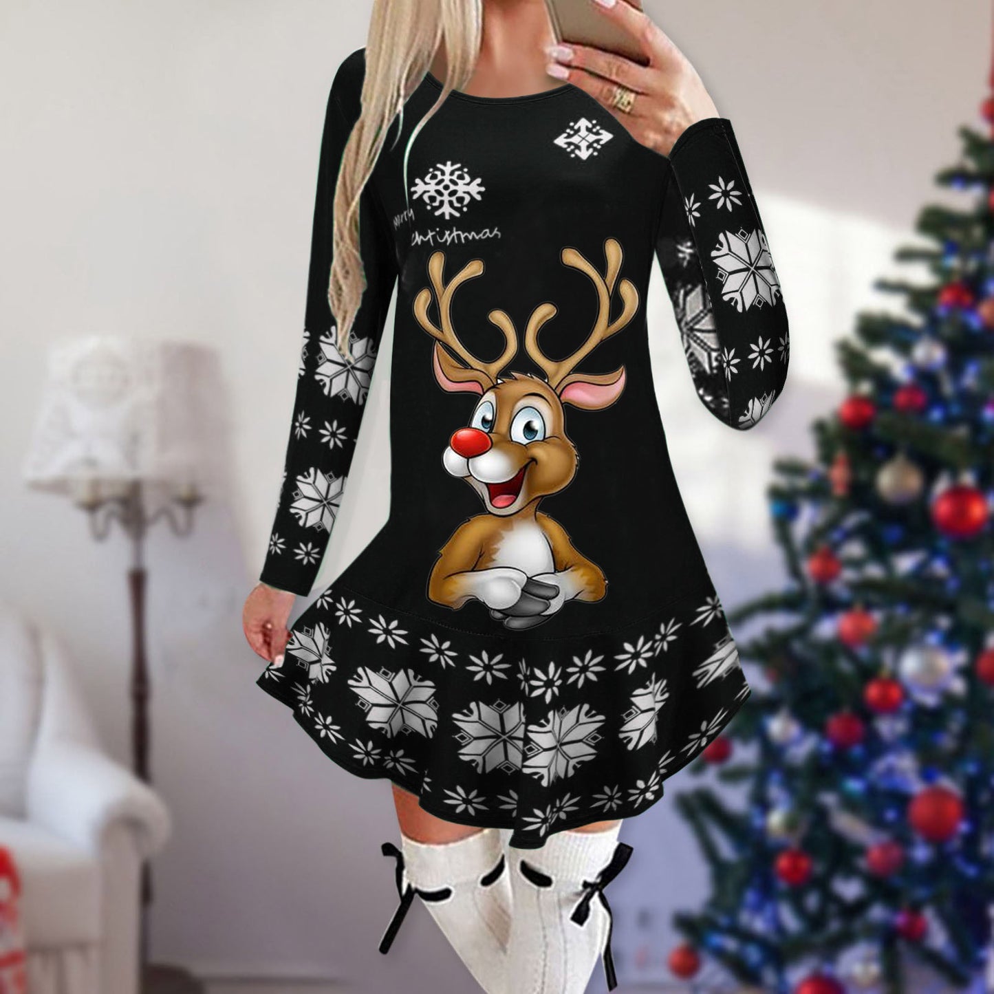 Christmas Snowflake Elk Printing Slimming Dress