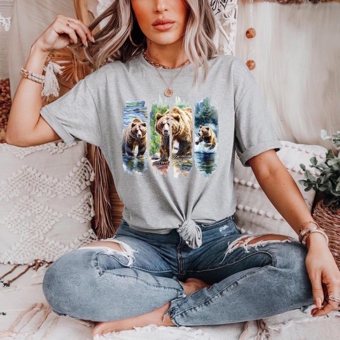 Organic Cotton Grizzly Bear T Shirt Wildlife Art Graphic Tee Nature Lover Unisex Forest Animal Gift Majestic Bear Top Casual Apparel
