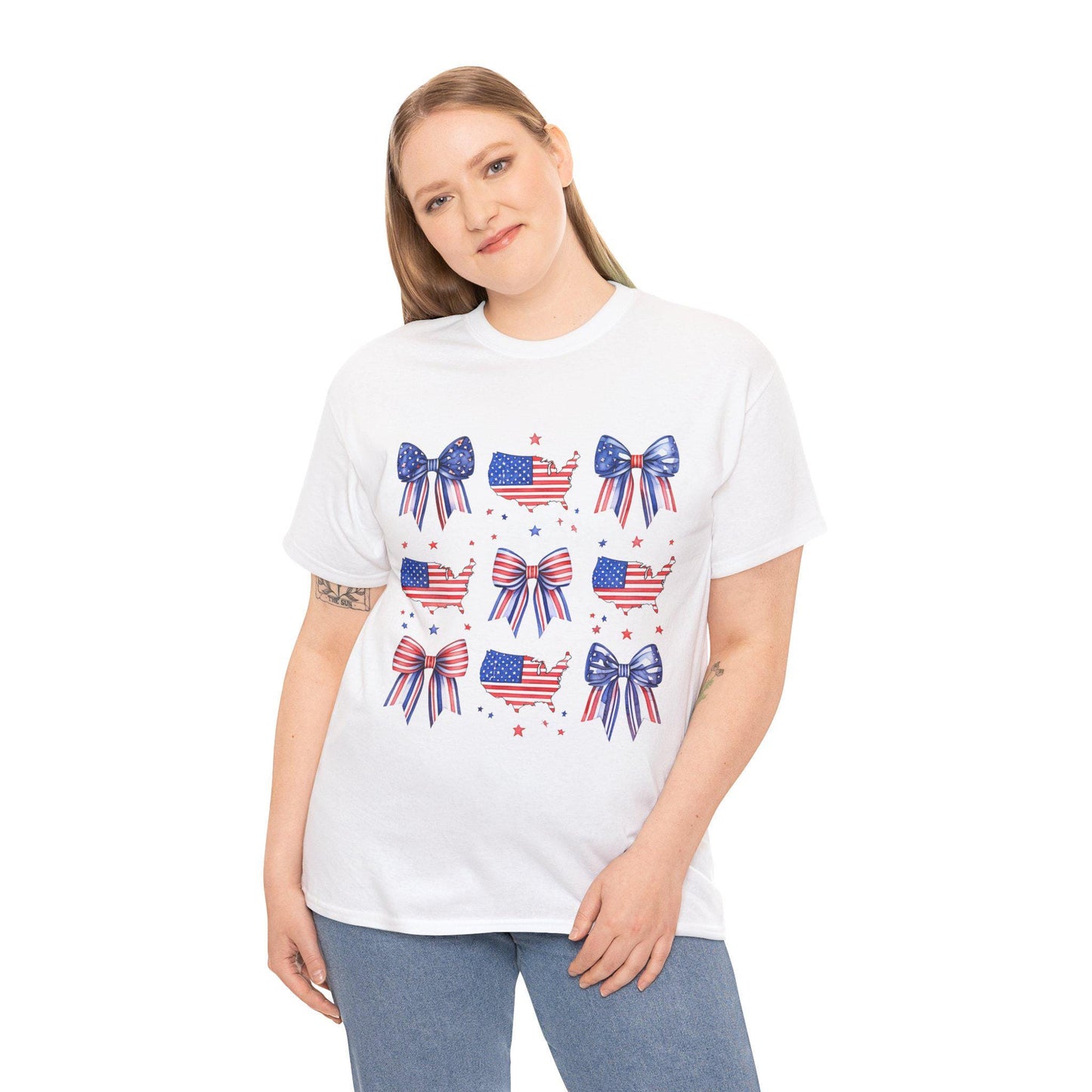 Patriotic Bow Tee, Unisex Heavy Cotton Tee with USA Theme, Great for 4th of July, Barbecues, Family Gatherings, or Everyday Casual Wear