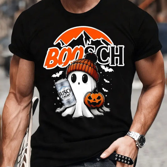 Halloween Boosch Printed Casual T-shirt, Men's Halloween Ghost Pumpkin T-shirt,