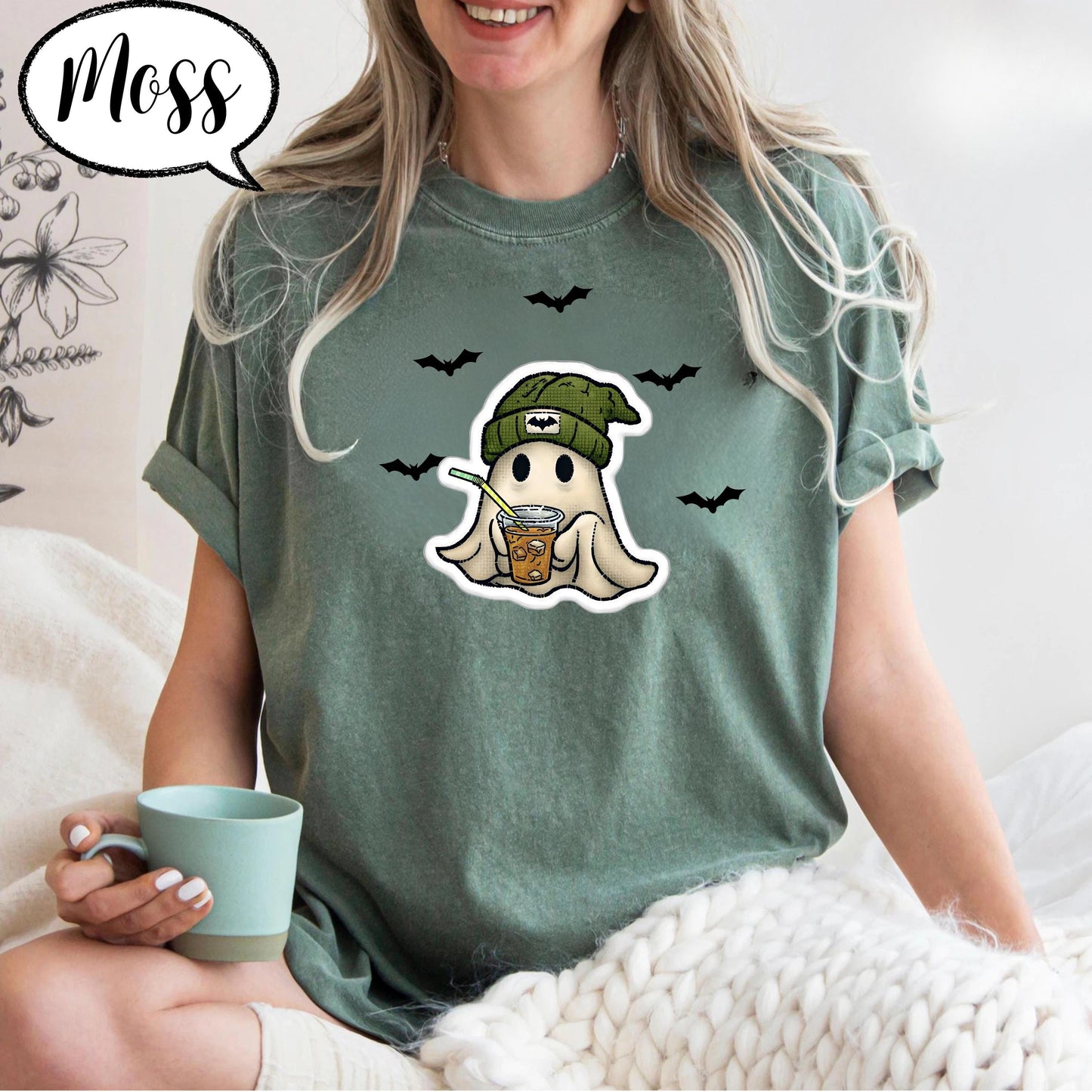 Comfort Colors® Halloween Ghost Shirt, Spooky Season Tee, Cute Ghost with Coffee Top, Cozy Fall Outfit, Retro Aesthetic Graphic Tee