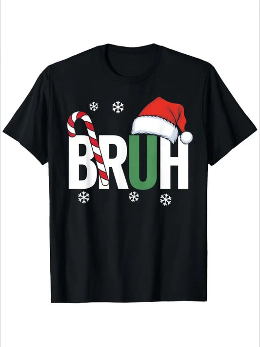 Men'S Casual Christmas T-Shirt , Round Neck, Festive Bruh Graphic With Santa Hat, Soft Knit Fabric, Seasonal Holiday Tee