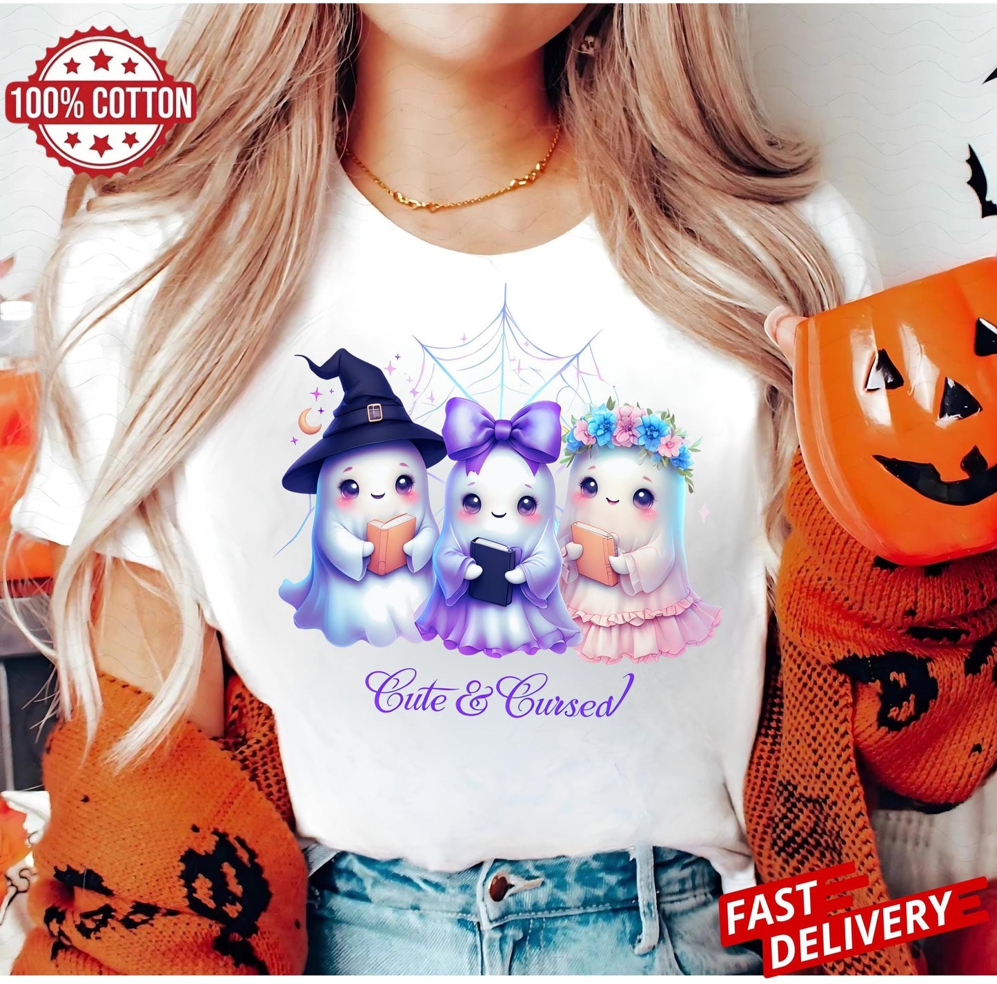 Cute & Cursed Ghost T-shirt - Fun Magical Halloween Apparel with Cute Ghosts - Unisex Spooky Ghost Shirt for All Ages
