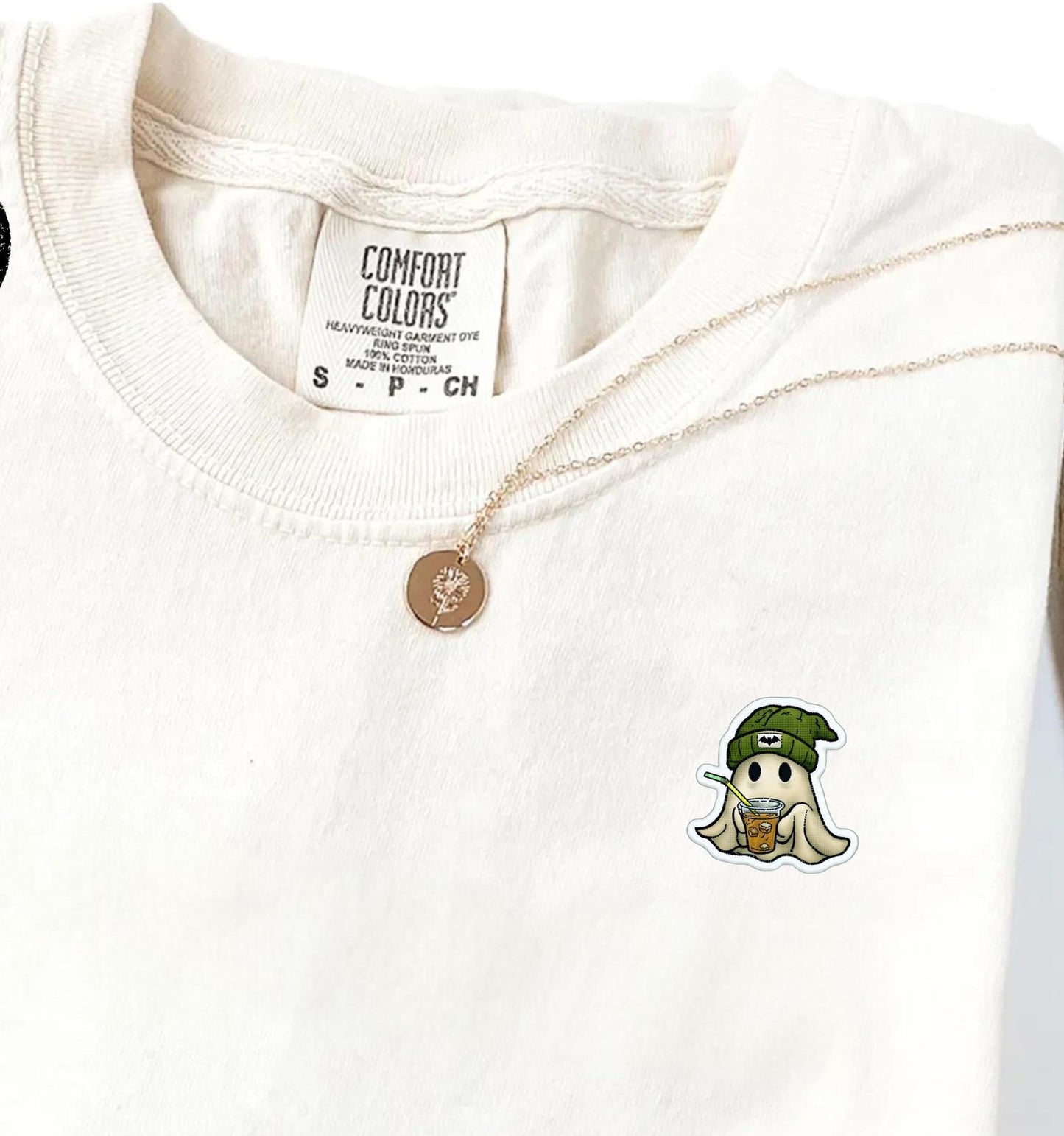 Comfort Colors® Embroidered Pocket Ghost Shirt, Cute Coffee Ghost T Shirt, Minimal Halloween Embroidery Top, Cozy Fall Spooky Season Tee