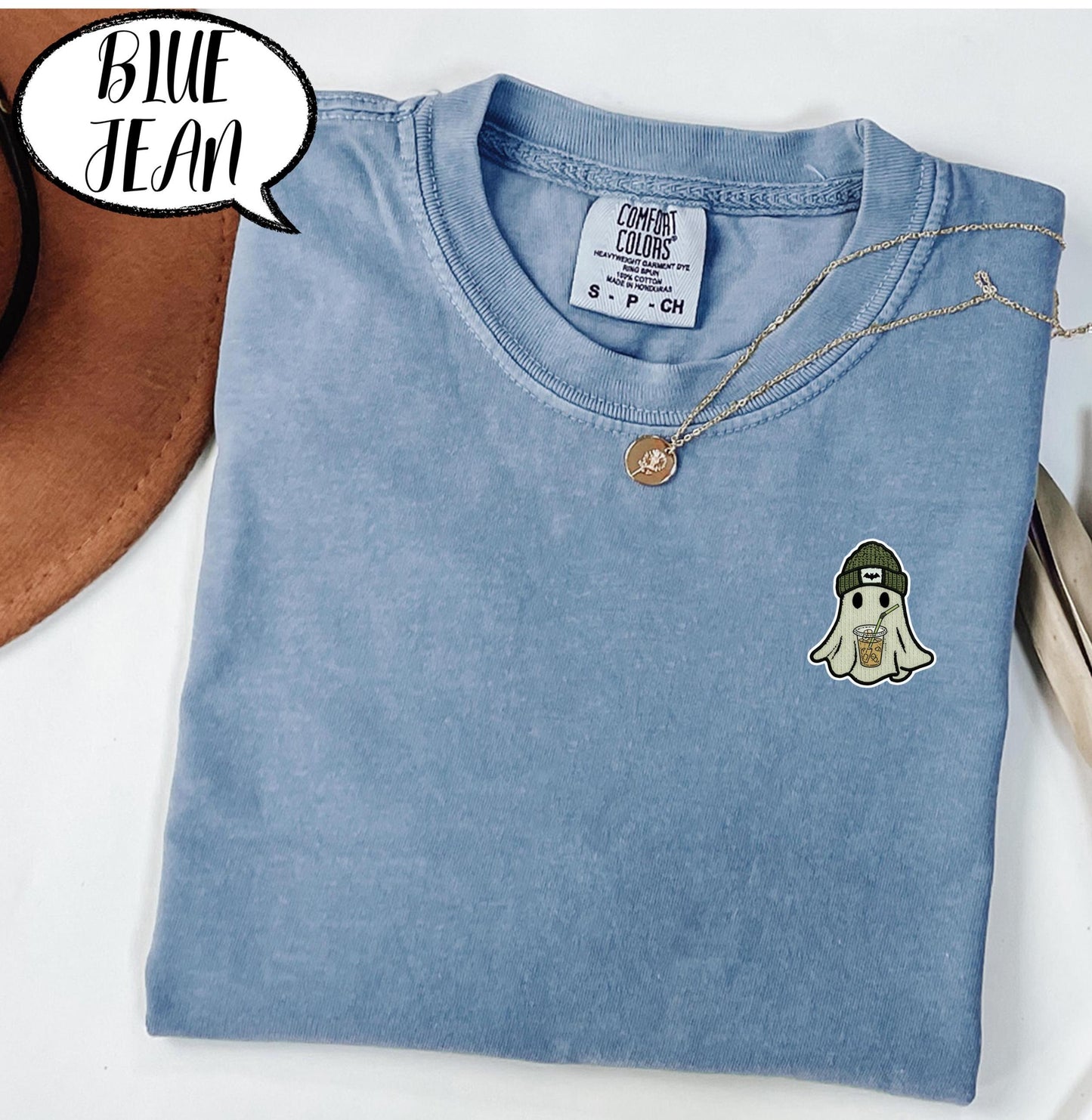 Comfort Colors® Embroidered Pocket Ghost Shirt, Cute Coffee Ghost T Shirt, Minimal Halloween Embroidery Top, Cozy Fall Spooky Season Tee