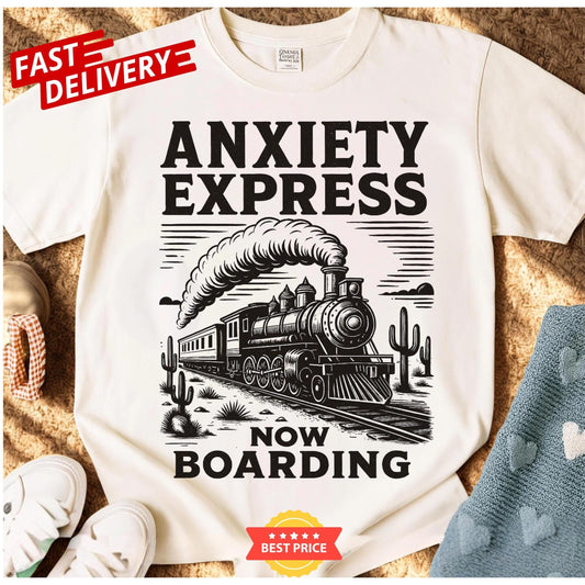 Anxiety Express retro humor t-shirt, sarcastic train graphic tee, oversized mental health gift shirt for unisex adults