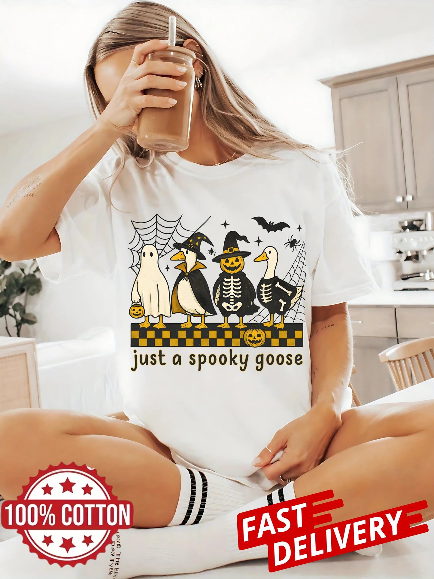 Funny Goose Skeleton Witch Pumpkin Ghost T Shirt Spooky Goose Halloween Tee Cute Horror Fall Sublimation Graphic Top Unisex Casual Wear