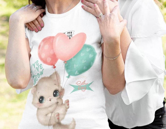 Adorable Cat Lover Tee Cute Kitten with Balloons Design T-shirt, Perfect for Cat Enthusiasts, Birthday, Gifts, Animal Lovers, Everyday Wear