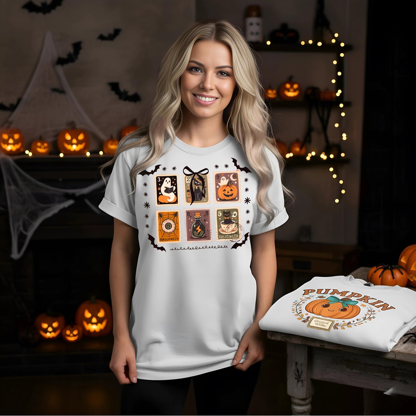 Comfort Colors Halloween T Shirt Espresso Brown Garment Dyed Graphic Tee Ghost Pumpkin Witch Cat Stamps Skeleton Haunted House Unisex Gift