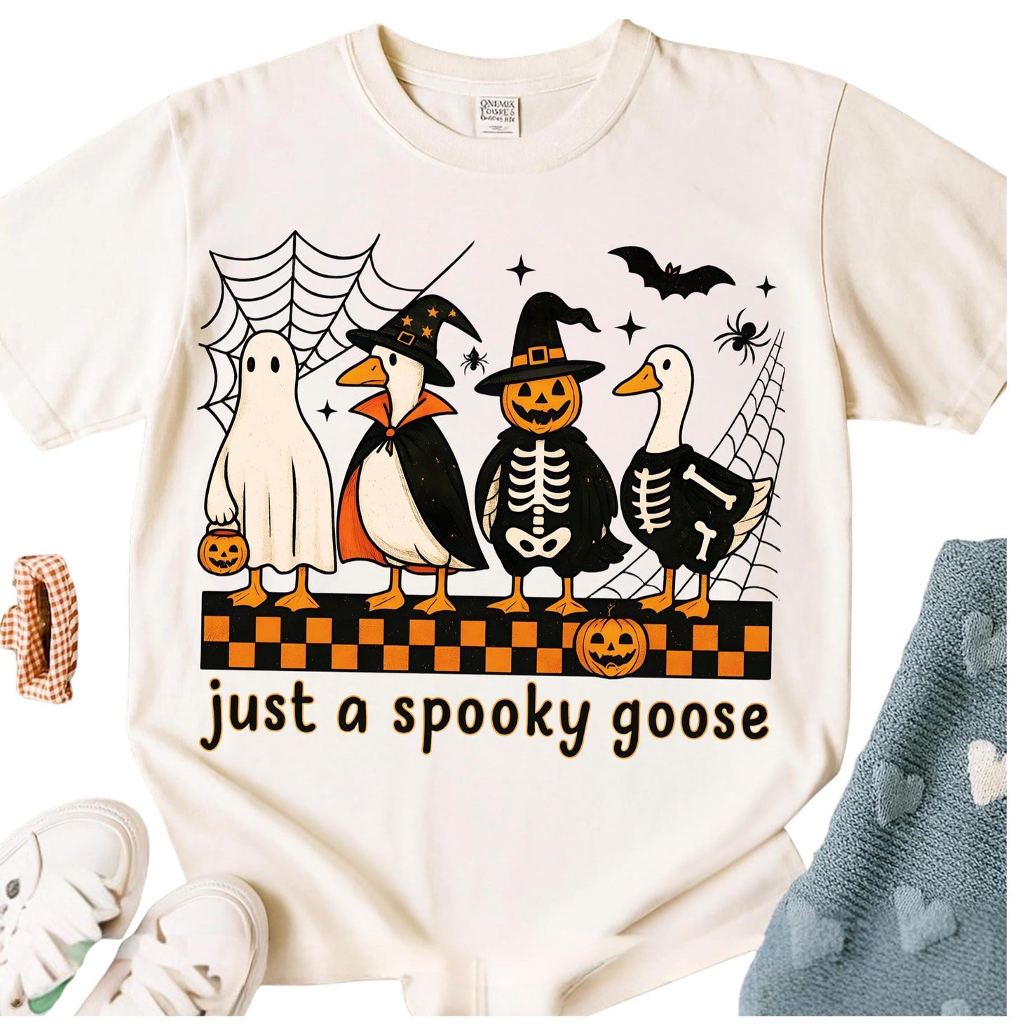 Just A Spooky Goose T Shirt Halloween Funny Goose Skeleton Witch Pumpkin Ghost Tee Cute Horror Fall Sublimation Graphic Top Unisex