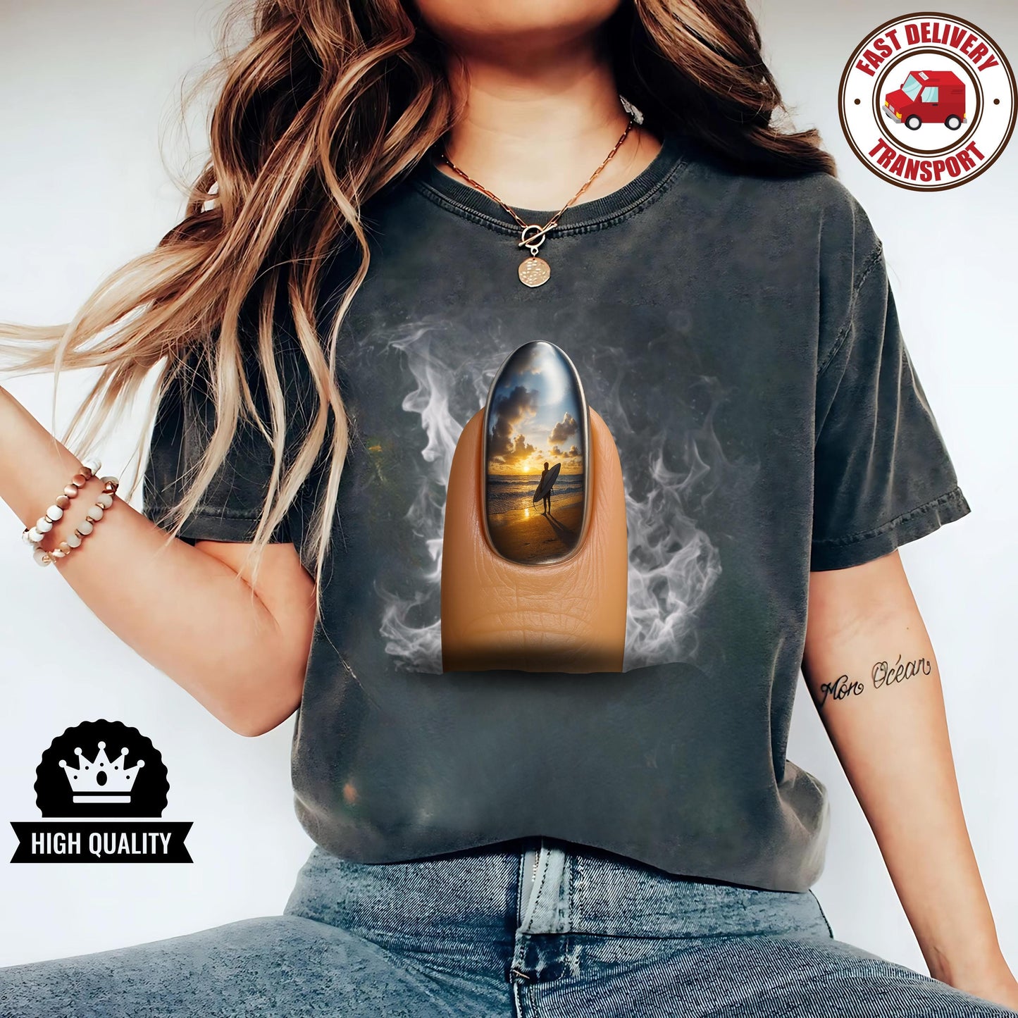 Summer t-shirt with surfer nail design, beach art style, surreal sunset unisex tee for bold beach lovers gift idea