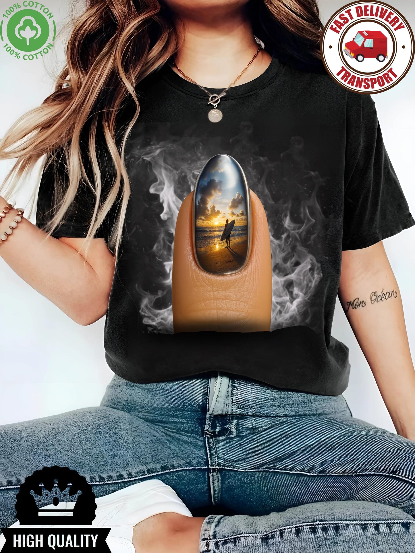 Surreal surf shirt, unisex summer tee with beach art, sunset nail graphic t-shirt for ocean lovers and dreamers