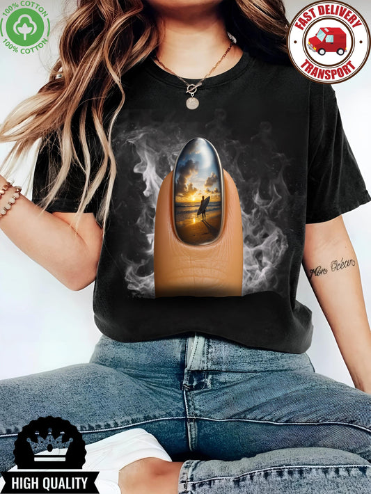 Surreal surf shirt, unisex summer tee with beach art, sunset nail graphic t-shirt for ocean lovers and dreamers