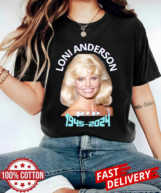 Vintage Loni Anderson RIP 1945–2025 Tribute Tee | Retro 80s WKRP in Cincinnati Bootleg Shirt | Celebrity Memorial T‑Shirt