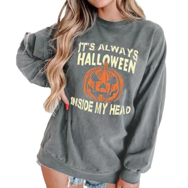 Style Trendy Line Fashion Round Neck Halloween Pumpkin Lamp T-shirt Girl Loose Top