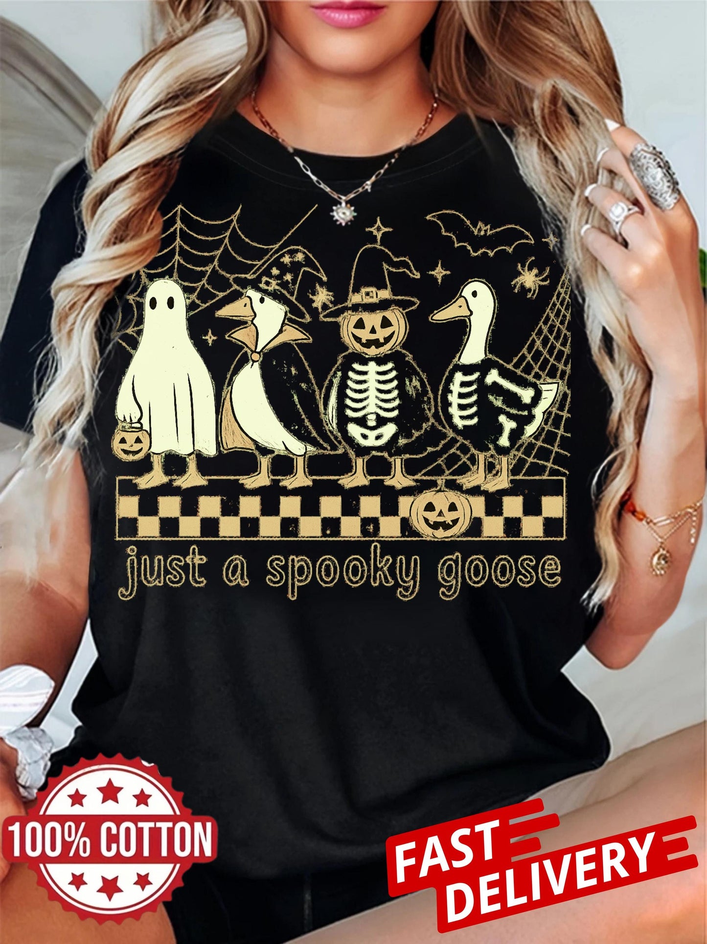 Funny Goose Skeleton Witch Pumpkin Ghost T Shirt Spooky Goose Halloween Tee Cute Horror Fall Sublimation Graphic Top Unisex Casual Wear