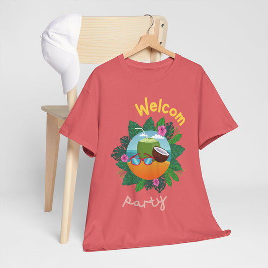 Welcome Party Unisex Heavy Cotton Tee, Tropical Summer Shirt, Vacation Casual Outfit, Outdoor Celebration T-Shirt, Beach Party Top