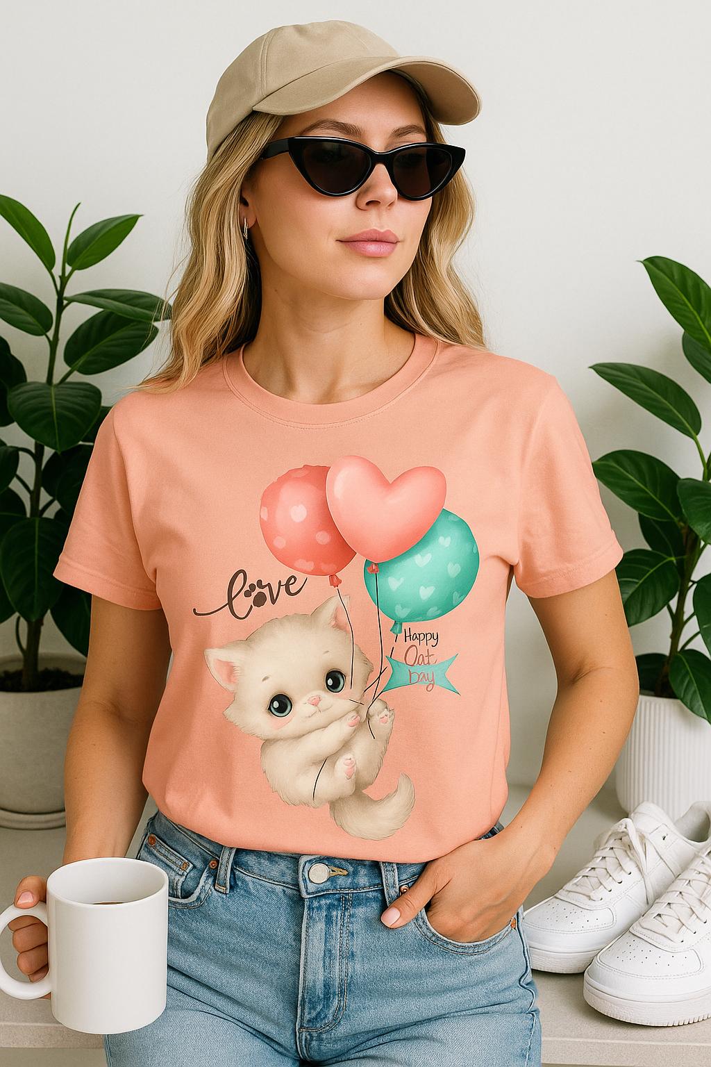 Cute Cat Balloon T-Shirt – Kawaii Cat Lover Gift – Pet Lover Tee – Unisex Cotton Shirt for Women & Men
