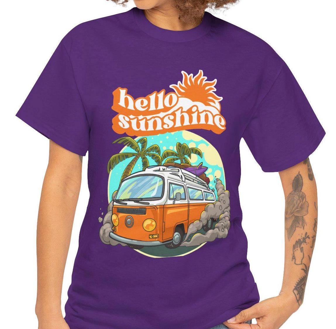 Sunshine Van T-Shirt – Unisex Heavy Cotton Tee – Retro Van Graphic Shirt – Vintage Style Summer Tee – Gift for Van Life Lovers