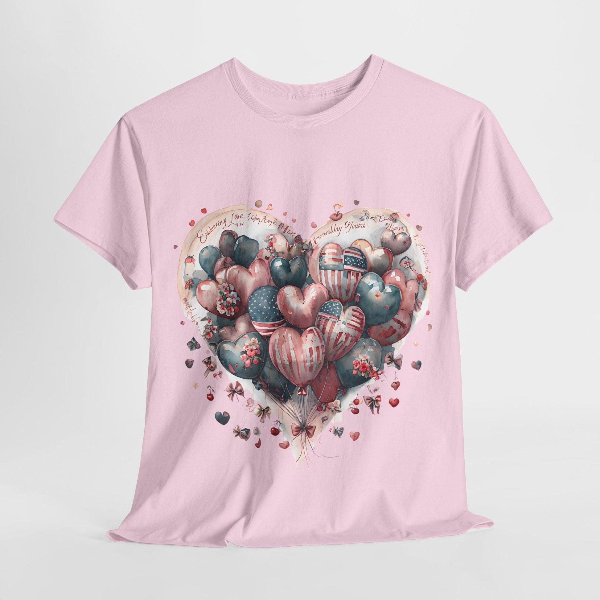 Love Messages and American Flag Hearts Unisex Heavy Cotton Tee, Fruit and Cherry Design, USA Flag Tee, Heart Flag Shirt, Patriotic Tee,