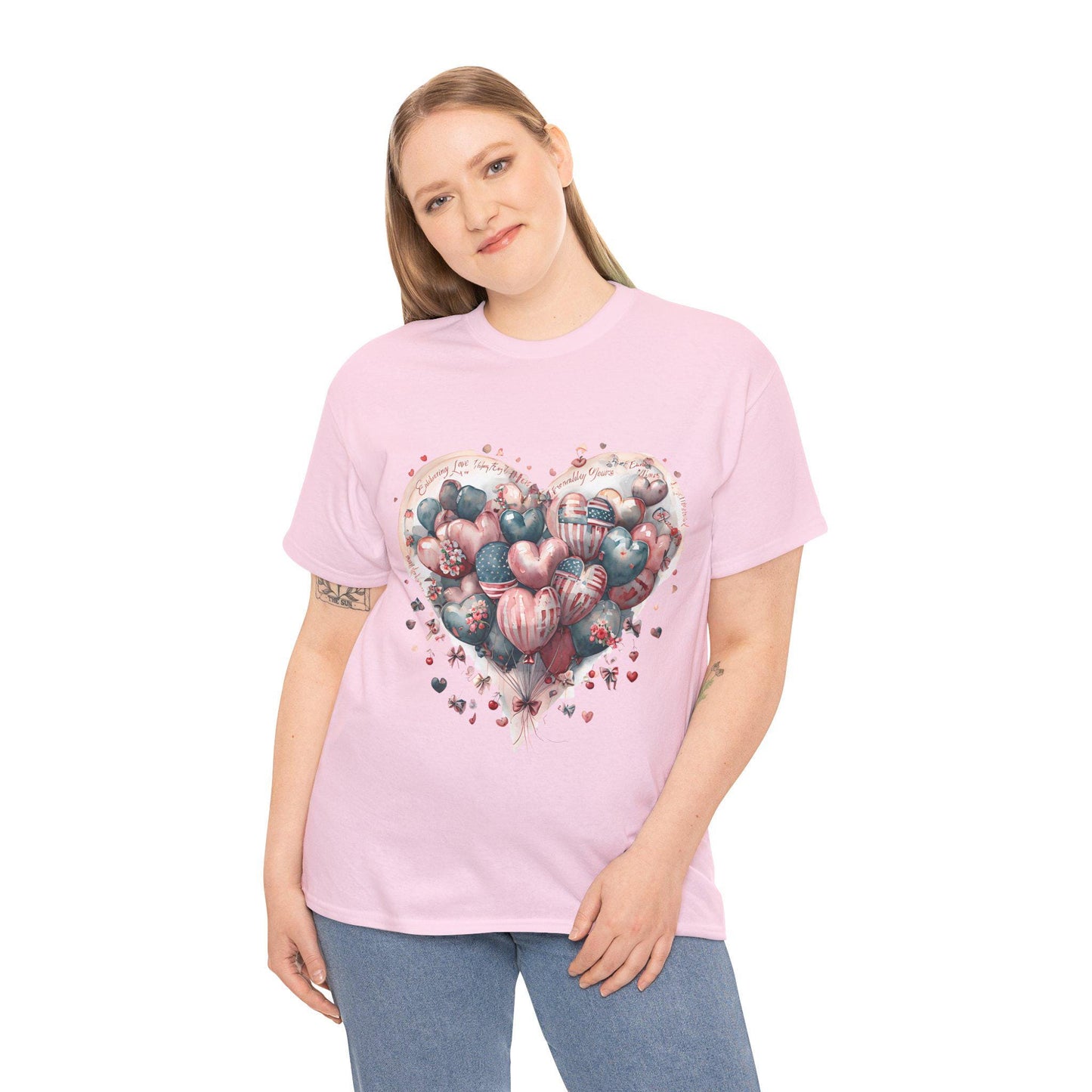 Love Messages and American Flag Hearts Unisex Heavy Cotton Tee, Fruit and Cherry Design, USA Flag Tee, Heart Flag Shirt, Patriotic Tee,