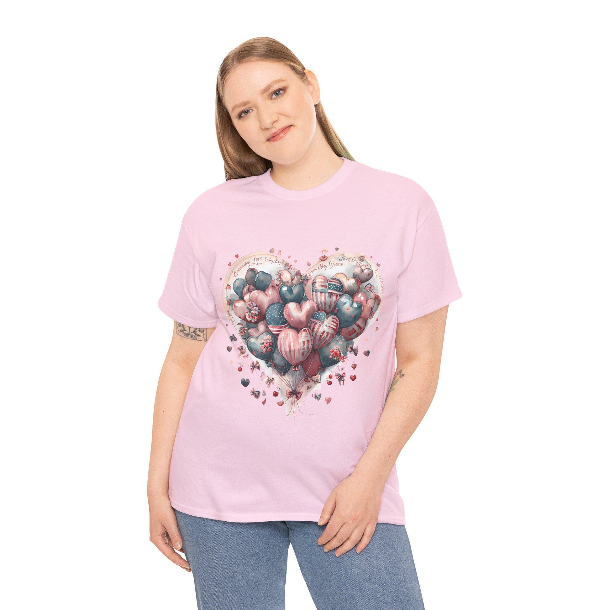 Love Messages and American Flag Hearts Unisex Heavy Cotton Tee, Fruit and Cherry Design, USA Flag Tee, Heart Flag Shirt, Patriotic Tee,