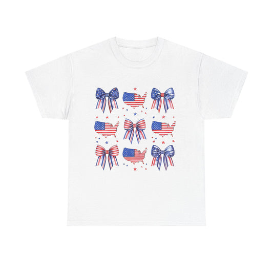 Patriotic Bow Tee, Unisex Heavy Cotton Tee with USA Theme, Great for 4th of July, Barbecues, Family Gatherings, or Everyday Casual Wear