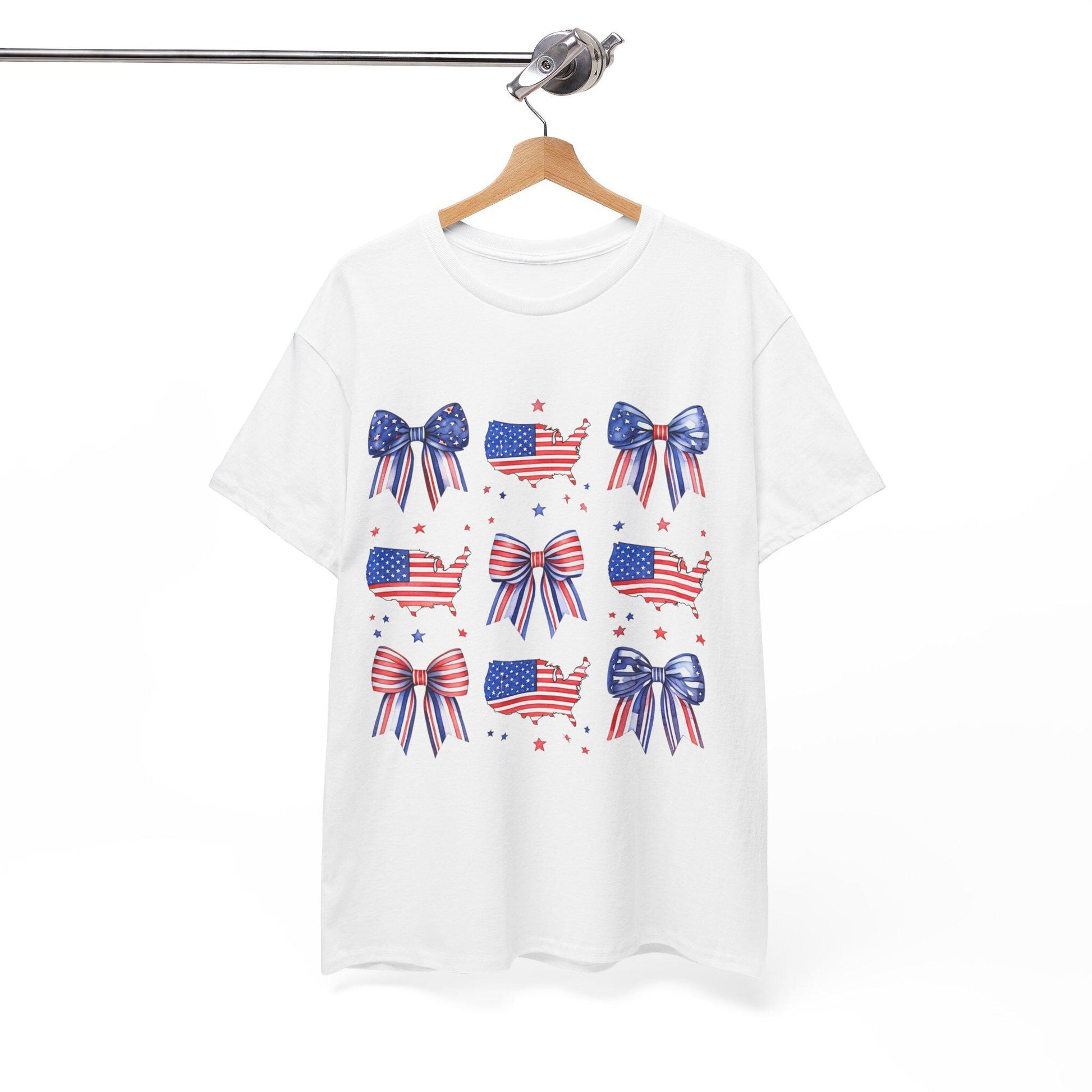 Patriotic Bow Tee, Unisex Heavy Cotton Tee with USA Theme, Great for 4th of July, Barbecues, Family Gatherings, or Everyday Casual Wear
