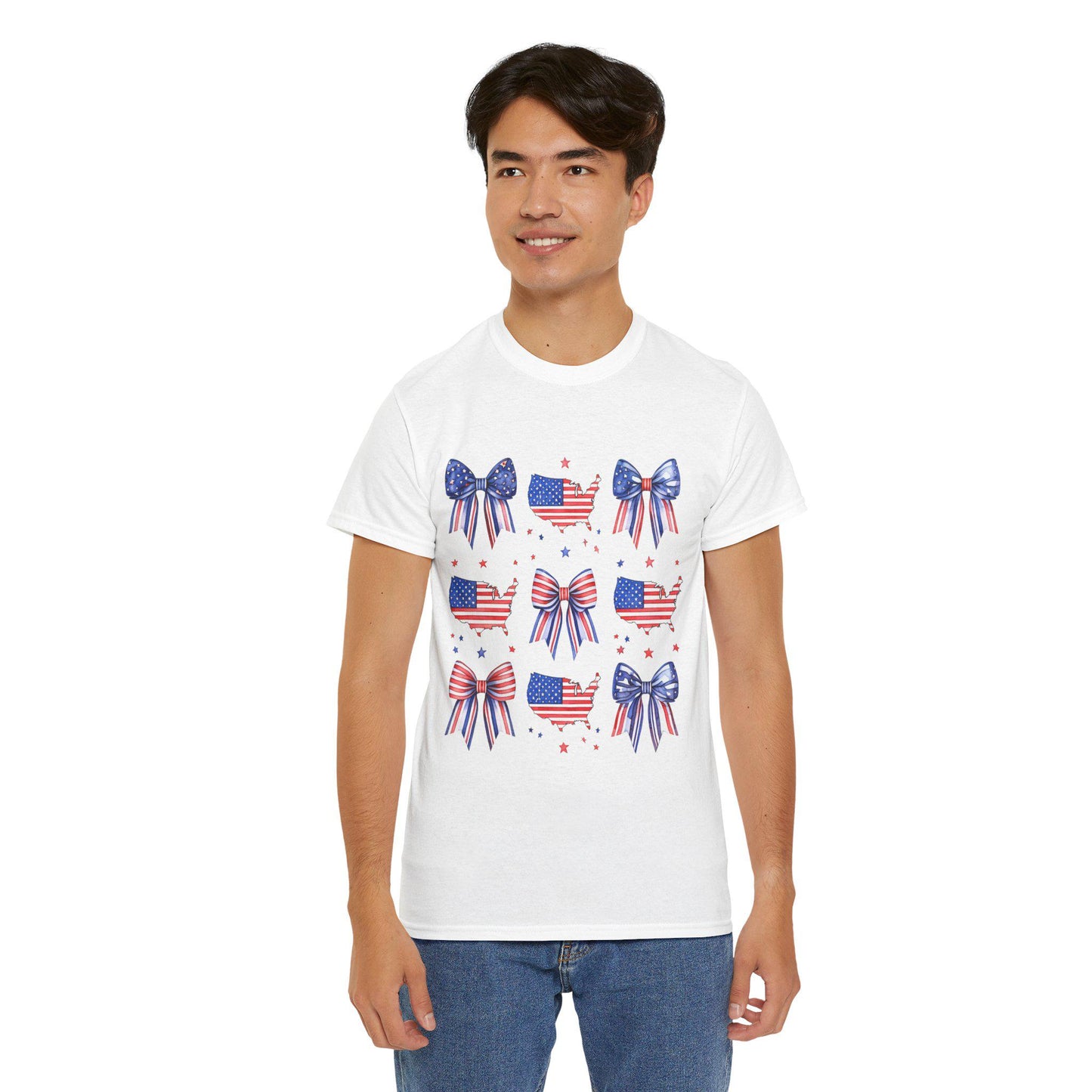 Patriotic Bow Tee, Unisex Heavy Cotton Tee with USA Theme, Great for 4th of July, Barbecues, Family Gatherings, or Everyday Casual Wear
