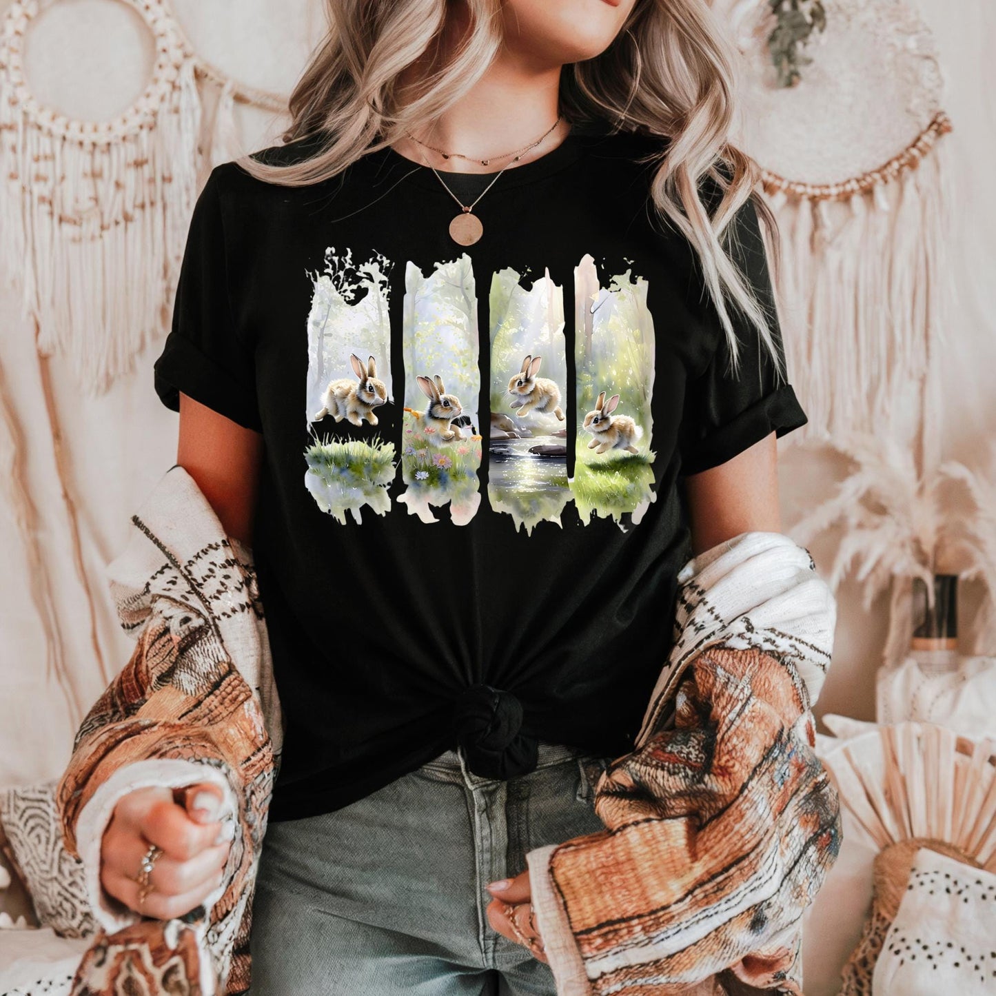 Nature-Inspired Unisex Heavy Cotton Tee, Bohemian Style Shirt, Eco-Friendly Gift, Outdoor Enthusiast Tee, Summer Wear, Forest Rabbit Tee