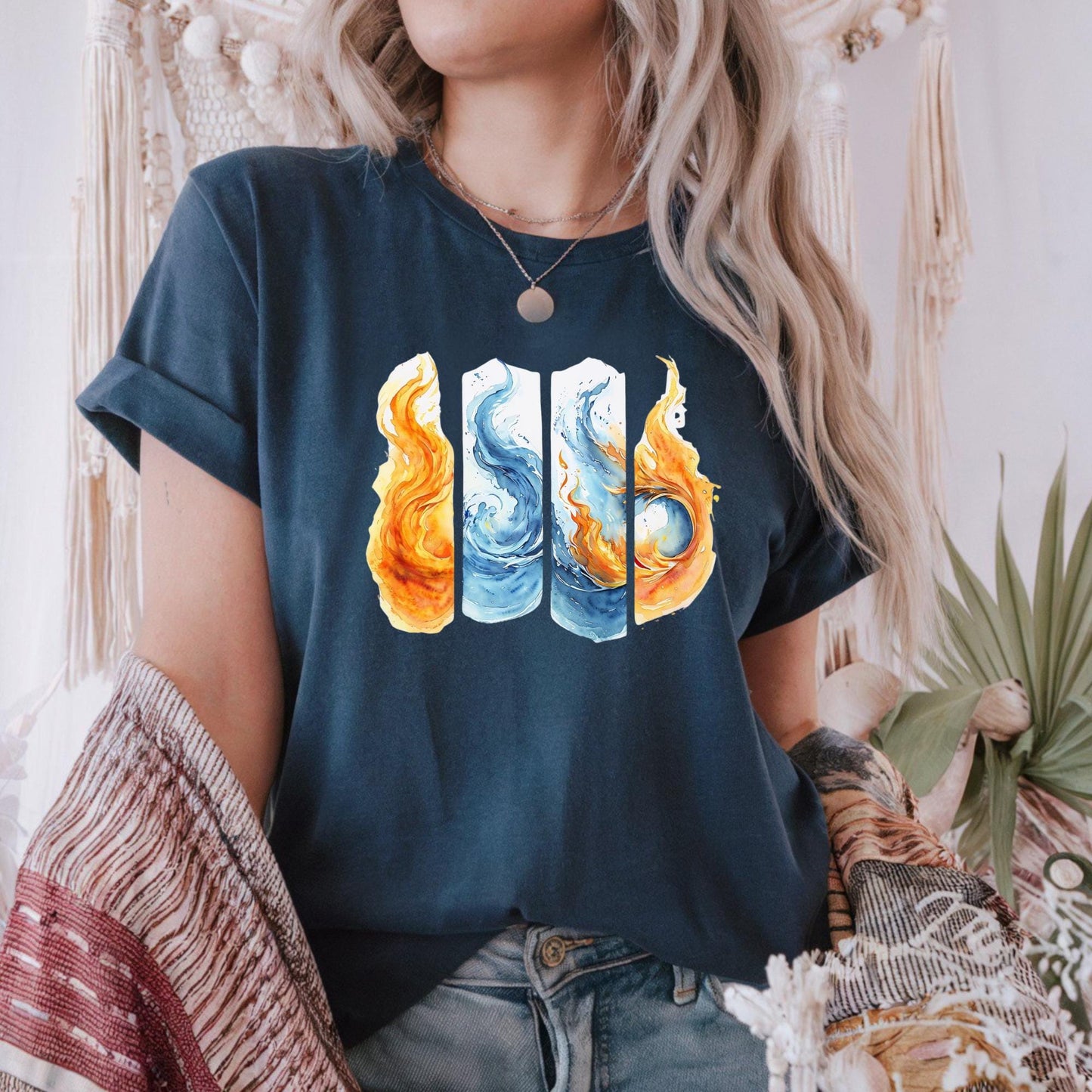 Colorful Flame Graphic Unisex Heavy Cotton Tee, Elemental Fire & Water Graphic Tee, Casual Summer Wear, Artsy Shirt, Gift for Fire Lovers